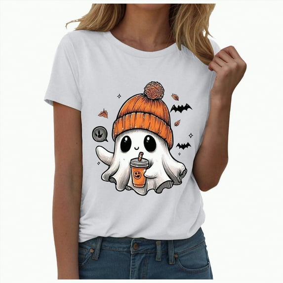 HCNTES Halloween Shirts for Women Cute Ghost Pumpkin Tshirt Coffee Graphic Tees Casual Crewneck Short Sleeve Tops(XL,A515-White)