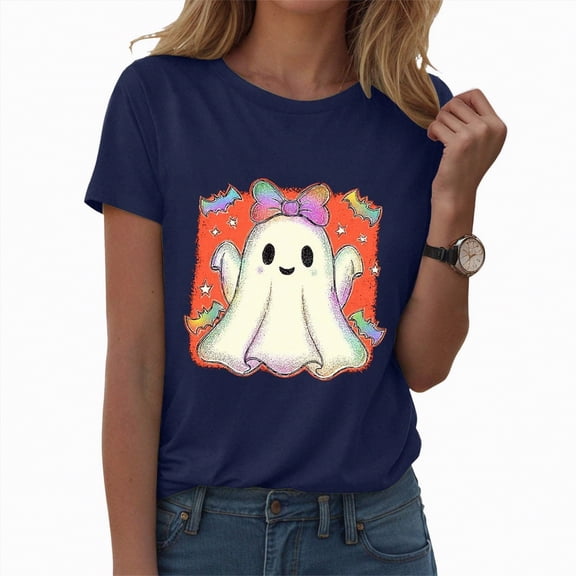 HCNTES Halloween Shirts for Women Halloween Pumpkin Graphic Tees Thanksgiving Short Sleeve Fall Shirts Loose Fit(L,A316-Navy)