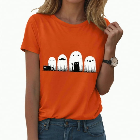 HCNTES Halloween Shirts for Women Witches Gather T-Shirt Fall Casual Holiday Tee Witch Graphic Short Sleeve Vintage Top(S,A503-Orange)