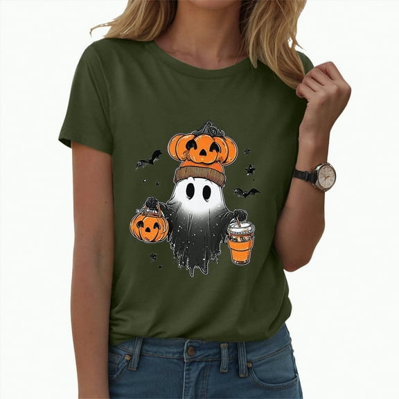 HCNTES Halloween T-Shirts for Women Fun Cute Pumpkin Tee Retro Letter Print Fall Skull Short Sleeve Casual Top Blouses Gift(XXXL,A322-AG)