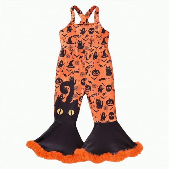 HCNTES Halloween Toddler Clothes Girl Baby Bell Bottom Romper Pumpkin Jumpsuit Christmas Flare Pant Overalls Fall Outfits(2-3 Years,F103-Black)