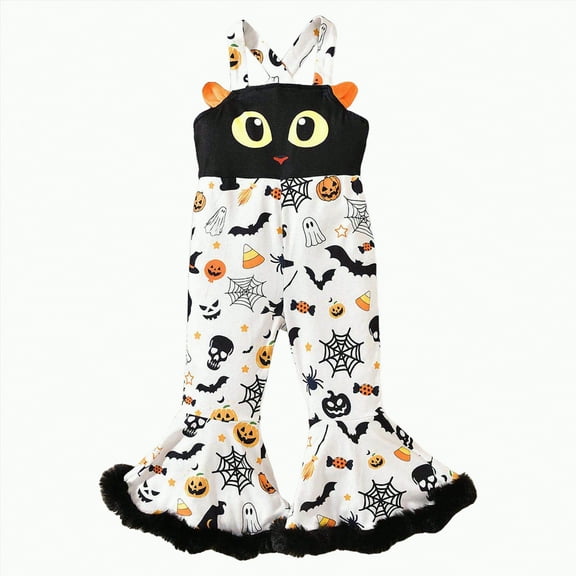 HCNTES Halloween Toddler Clothes Girl Baby Bell Bottom Romper Pumpkin Jumpsuit Christmas Flare Pant Overalls Fall Outfits(2-3 Years,F39-White)