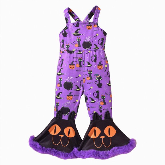 HCNTES Halloween Toddler Clothes Girl Baby Bell Bottom Romper Pumpkin Jumpsuit Christmas Flare Pant Overalls Fall Outfits(4 Years,F5-Purple)