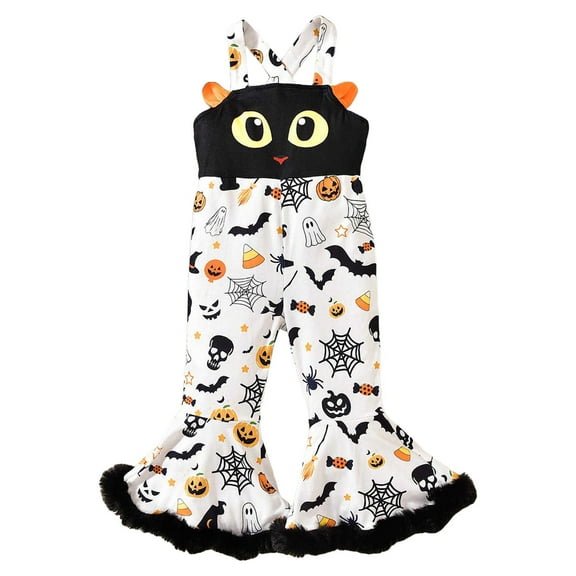 HCNTES Halloween Toddler Clothes Girl Baby Bell Bottom Romper Pumpkin Jumpsuit Christmas Flare Pant Overalls Fall Outfits(G155-White,2-3 Years)