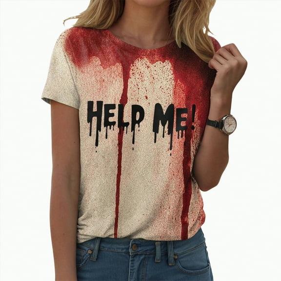 HCNTES Halloween Tops for Women Novelty Skeleton Graphic Tees Short Sleeve Crewneck T Shirts Casual Tunic Pullover(L,A99-Red)