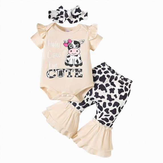 HCNTES Infant Baby Girl Cow Print Ruffle Sleeve Romper Cow Dot Flared Trousers with Bow Headband 3Pcs Cute Outfit Set 0-18M