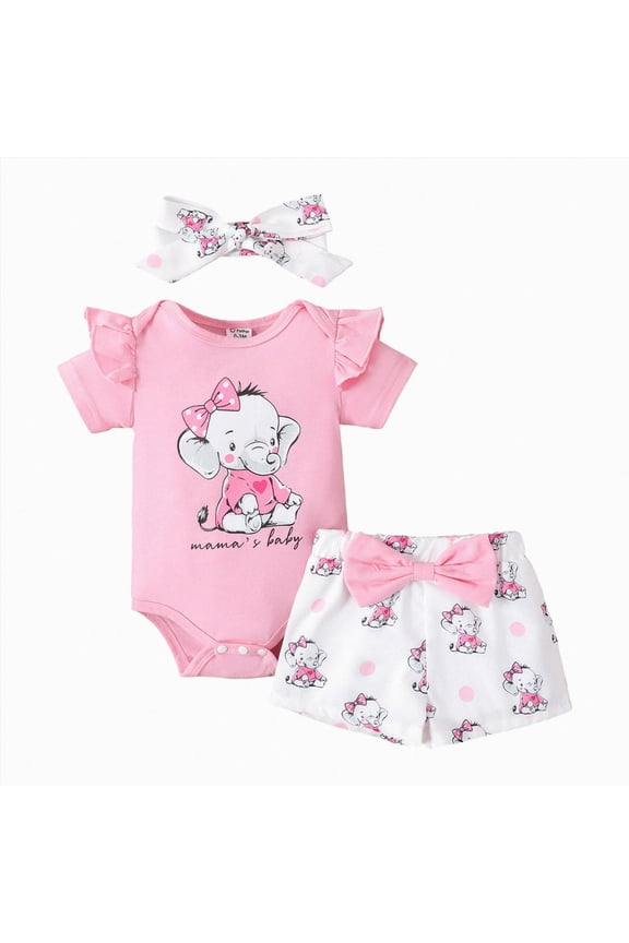 Infant Baby Girl Elephant Print Ruffle Sleeve Romper Elephant Shorts with Bow Headband 3Pcs Cute Outfit Set 0-18M