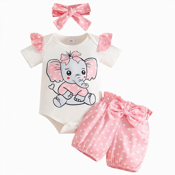 HCNTES Infant Baby Girl Elephant Print Ruffle Sleeve Romper & Heart Dot Shorts with Bow Headband 3Pcs Cute Outfit Set 0-18M