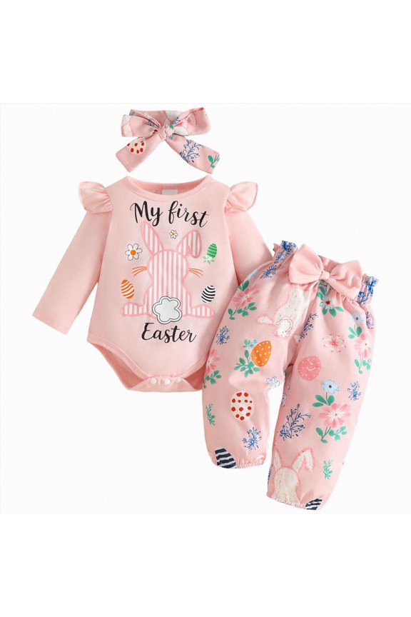 Infant Girl Spring Clothes Bunny Graphic Onesie and Pants 3-Piece Set with Headband Perfect for Easter Weekend Getaways and Playdates