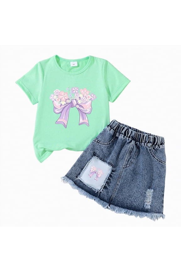 Kid Girls Clothes Outfits Cute Sweet Bowknot Print T-Shirt + Bowknot Denim Short Summer Clothing Set