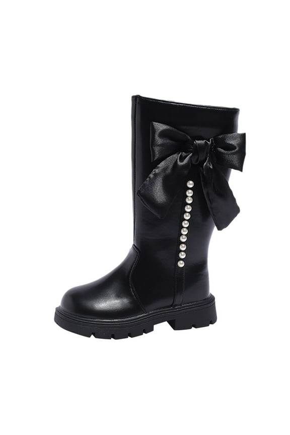 Kid's Girls Knee High Fashion Riding Boots Girl's Side Zipper Mid Calf Combat Boots Dress Shoes Girls Leather Winter Boots（Black,6-7 Years)