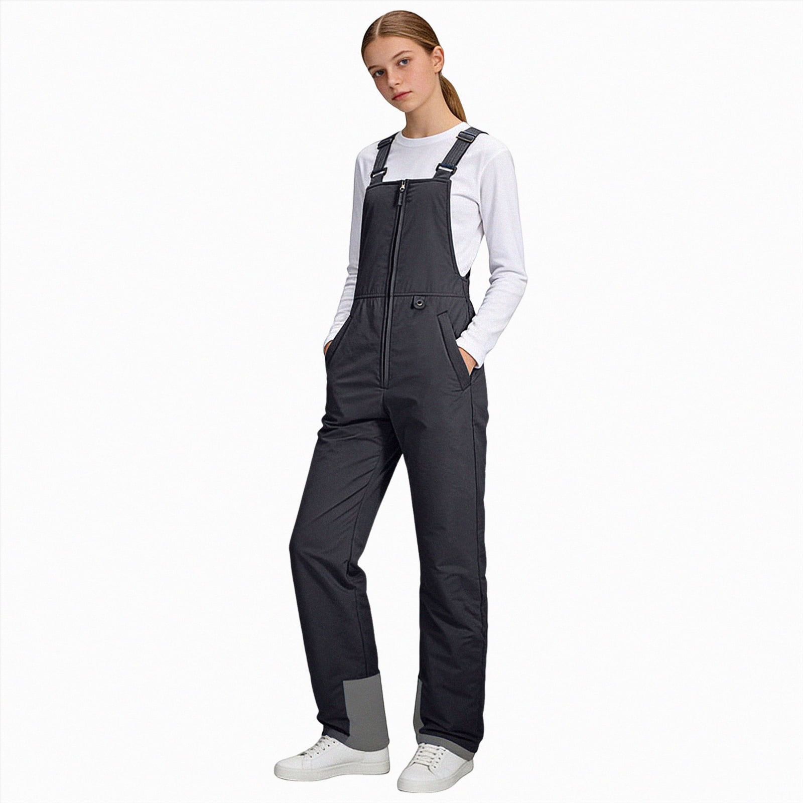 HCNTES Kids Adjustable Strap Snow Bibs Toddler Waterproof Overalls Warm Winter Ski Pants for Outdoor Play(A01-Black,13-14 Years)