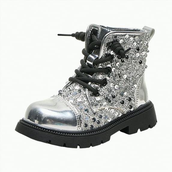 HCNTES Kids Gilrs Combat Ankle Boots Lace up Inner Zipper Fashion Booties(11.5,Silver&a2)