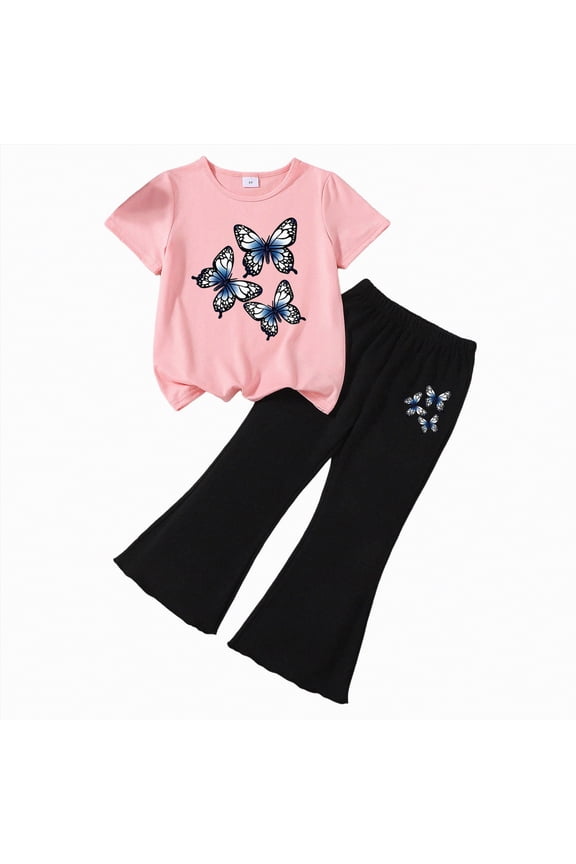 Kids Girls 2 Piece Outfit Short Sleeve Tee & High Waist Flared Pants Spring Summer Clothing Set Casual Kid School Clothes Age 3-7Y(D01-F,4-5 Years)