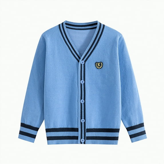 HCNTES Kids Girls Cable Knit Cardigan Sweater Solid Cotton Button Down Long Sleeve Sweater Uniform Cardigan Outerwear(5-7 Years,Style2-Blue)