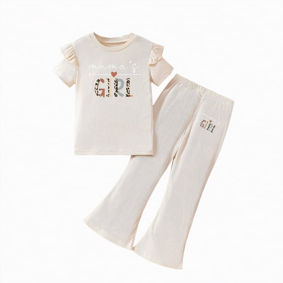 HCNTES Kids Girls Fashion 2 Piece Set Short Sleeve Crewneck Top Stretch Waist Pants Girls Casual Dailywear Spring Summer School Outfit 3-7Y(F02-Beige,6-7 Years)