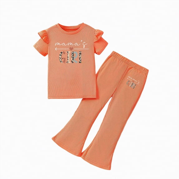 HCNTES Kids Girls Fashion 2 Piece Set Short Sleeve Crewneck Top Stretch Waist Pants Girls Casual Dailywear Spring Summer School Outfit 3-7Y(F02-Orange,7-8 Years)