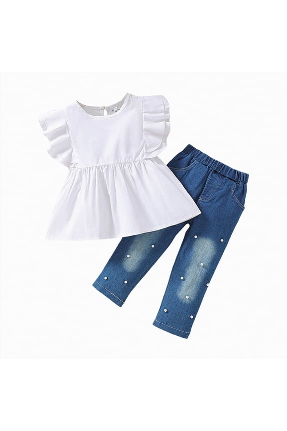 Kids Girls Spring Summer Clothes 2 Piece Outfit Set Girl School Pants and 3T 4T 5T 6T 7T Girls School Shirts Suit Little Girl Clothing Set(H03-Blue,3-4 Years)