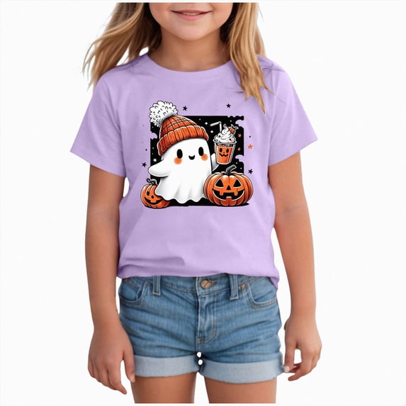 HCNTES Kids Halloween Shirt Girls Pumpkin Ghost Girls T-Shirts Short Sleeve Shirt for Girl Halloween Cute Ghost Print Tees Kids T-shirts Clothes Casual Fall Tops 1T-13T