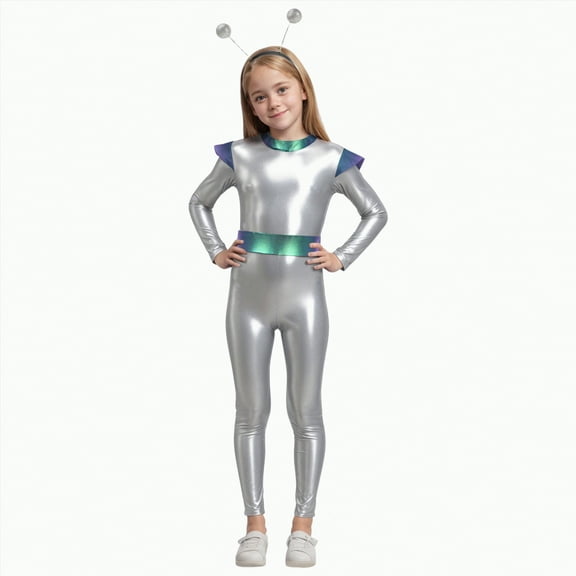HCNTES Kids Space Man Alien Boys Girls Full Metallic Alien Jumpsuit Fancy Dress Up(9-10 Years,S17-White)