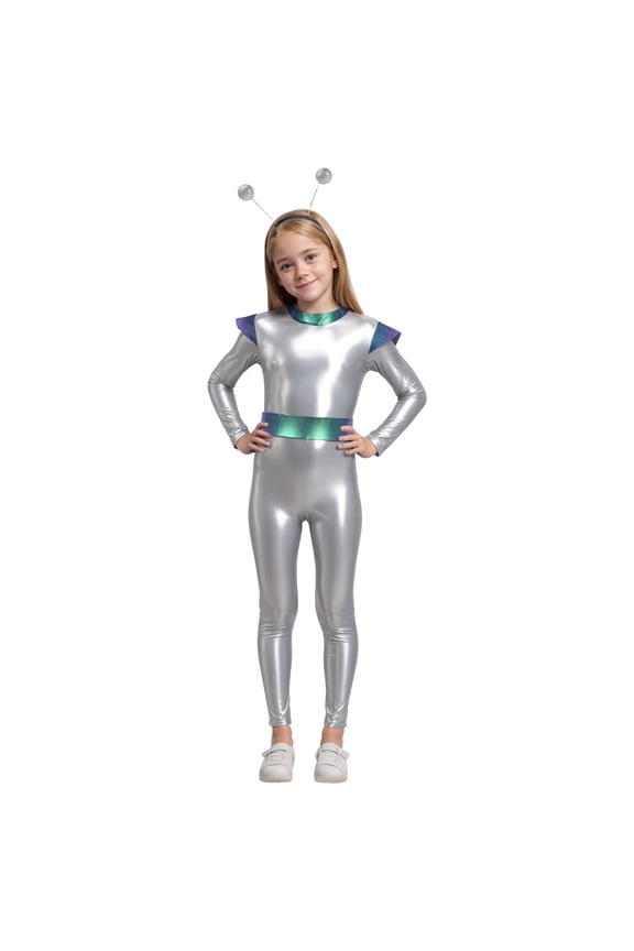 Kids Space Man Alien Boys Girls Full Metallic Alien Jumpsuit Fancy Dress Up(9-10 Years,S27-White)