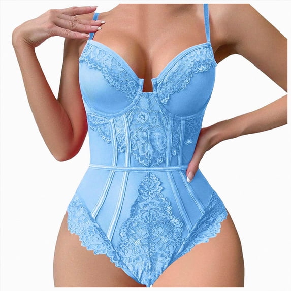 HCNTES Lace Bodysuit Spaghetti Strappy Underwire Sheer Corset Lingerie Push Up for Womens Skinny (Blue,L)