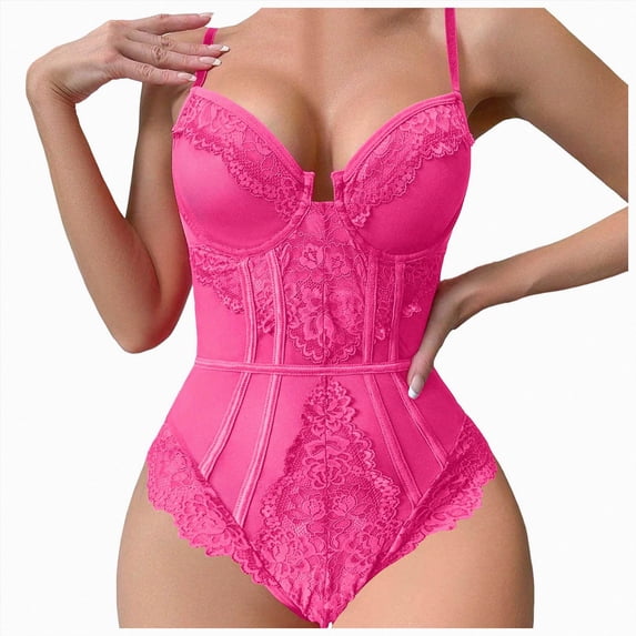 HCNTES Lace Bodysuit Spaghetti Strappy Underwire Sheer Corset Lingerie Push Up for Womens Skinny (Hot Pink,L)