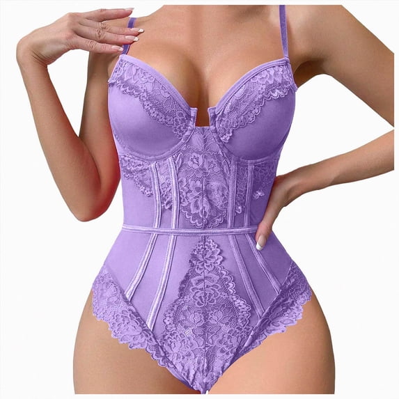 HCNTES Lace Bodysuit Spaghetti Strappy Underwire Sheer Corset Lingerie Push Up for Womens Skinny (Purple,S)