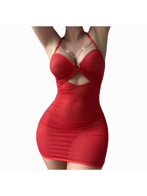 Lingerie for Women Sheer Ruched Bodycon Mesh Babydoll Halter Lingerie Chain Dress (Red,S)