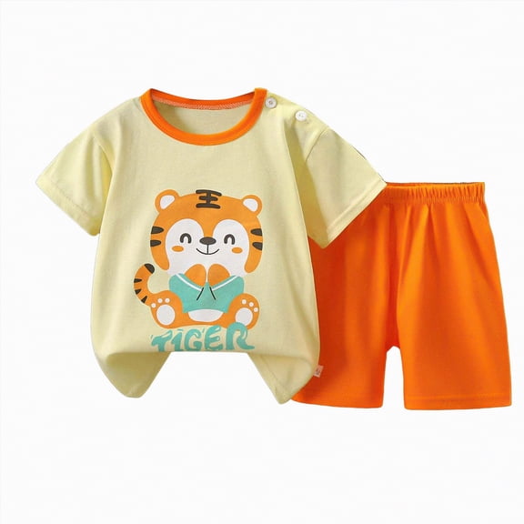 HCNTES Little/Big Boys Girls Pajamas Outfits 2 Piece Toddler baby Short Sleeve Shirt and Pants Spring Summer Unisex Clothing Set(A01-Orange,3-9 Months)