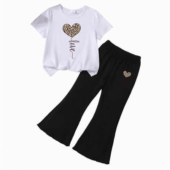 HCNTES Little Girl Casual Outfit Short Sleeve Tee Wide Leg Pants Soft Elastic Kids Spring Summer School Clothing Set 3T 4T 5T 6T(F02-A,4-5 Years)