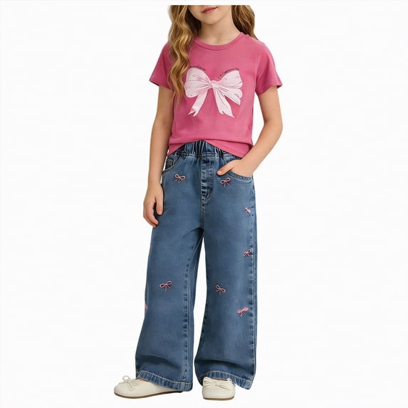 HCNTES Little Girl Summer Clothes Set Girls Short Sleeve Top Elastic Waist Pants Kids Girls Casual School Outfit 4T 5T 6T(D01-Hot Pink,4-5 Years)