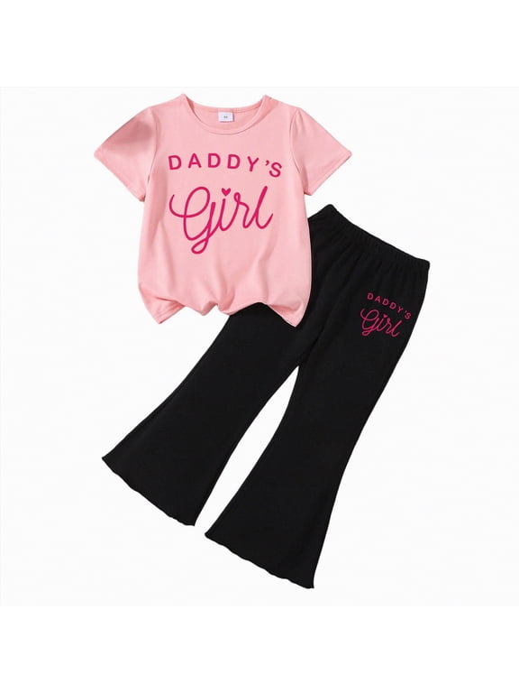 Little Girl's 2 Piece Print Outfit T-shirts with Bell Bottom Flare Pants Outfits Set Kids Girls School Suit 3T 4T 5T Children Girls Summer Clothing Set(D01-F,4-5 Years)