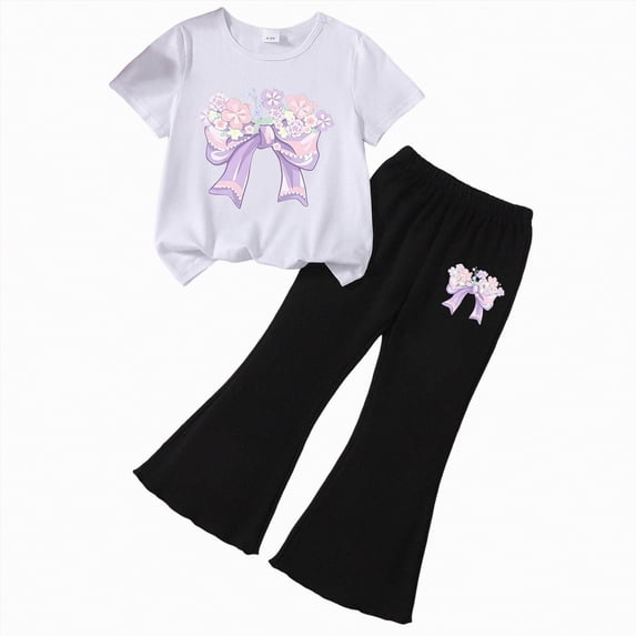 HCNTES Little Girl's 2 Piece Print Outfit T-shirts with Bell Bottom Flare Pants Outfits Set Kids Girls School Suit 3T 4T 5T Children Girls Summer Clothing Set(D01-M,5-6 Years)