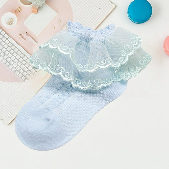 HCNTES Little Girls Ruffle Lace Trim Cotton Socks Toddler Baby Girl Eyelet Frilly Dress Socks(5-6 Years,Blue)