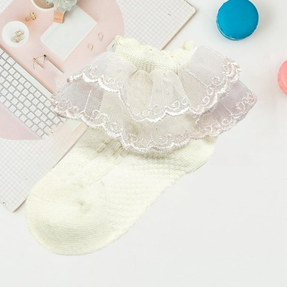 HCNTES Little Girls Ruffle Lace Trim Cotton Socks Toddler Baby Girl Eyelet Frilly Dress Socks(7-8 Years,Beige)