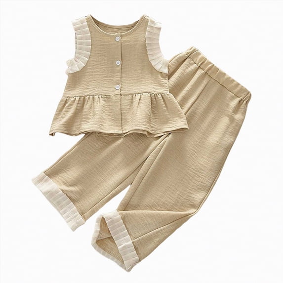 HCNTES Little Girls Summer Casual Outfit Set Print Top + Matching Pants Clothing Set Kids Girl School Clothing Set Size 3-8T(D01-Khaki,6-7 Years)