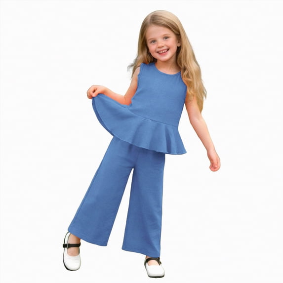 HCNTES Little Girls Summer Clothes 2 Piece Outfit Ribbed T-Shirt Top + Cargo Pants 3-7T Children Kids Girls School Clothing Set(H03-Blue,3-4 Years)