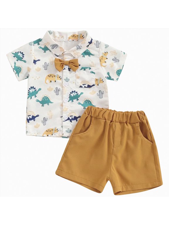 Baby Boys Easter Outfit Carrot Car Print Bow Tie Bodysuit and Suspender Shorts Set 2-Piece Baby Boy Formal Summer Clothes