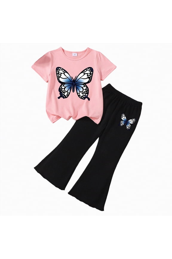 Little Kids 2 Piece Outfits Baby Girls Summer Short Sleeve T-Shirts and Pants Set Fashion Clothing Sets Girls School Clothes 3T 4T 5T 6T 7T(H03-B,5-6 Years)