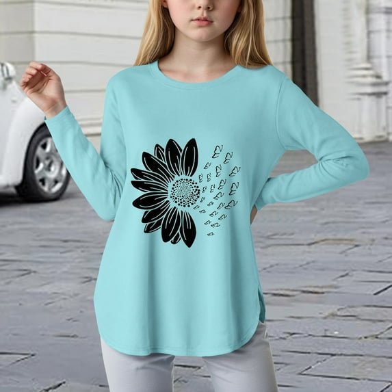 HCNTES Long Sleeve Shirts Kids Curve Hem Side Slit Soft Tunic Tops Girls Fashion T Shirts 5 14 Years(N1245-Mint Green,7-8 Years)