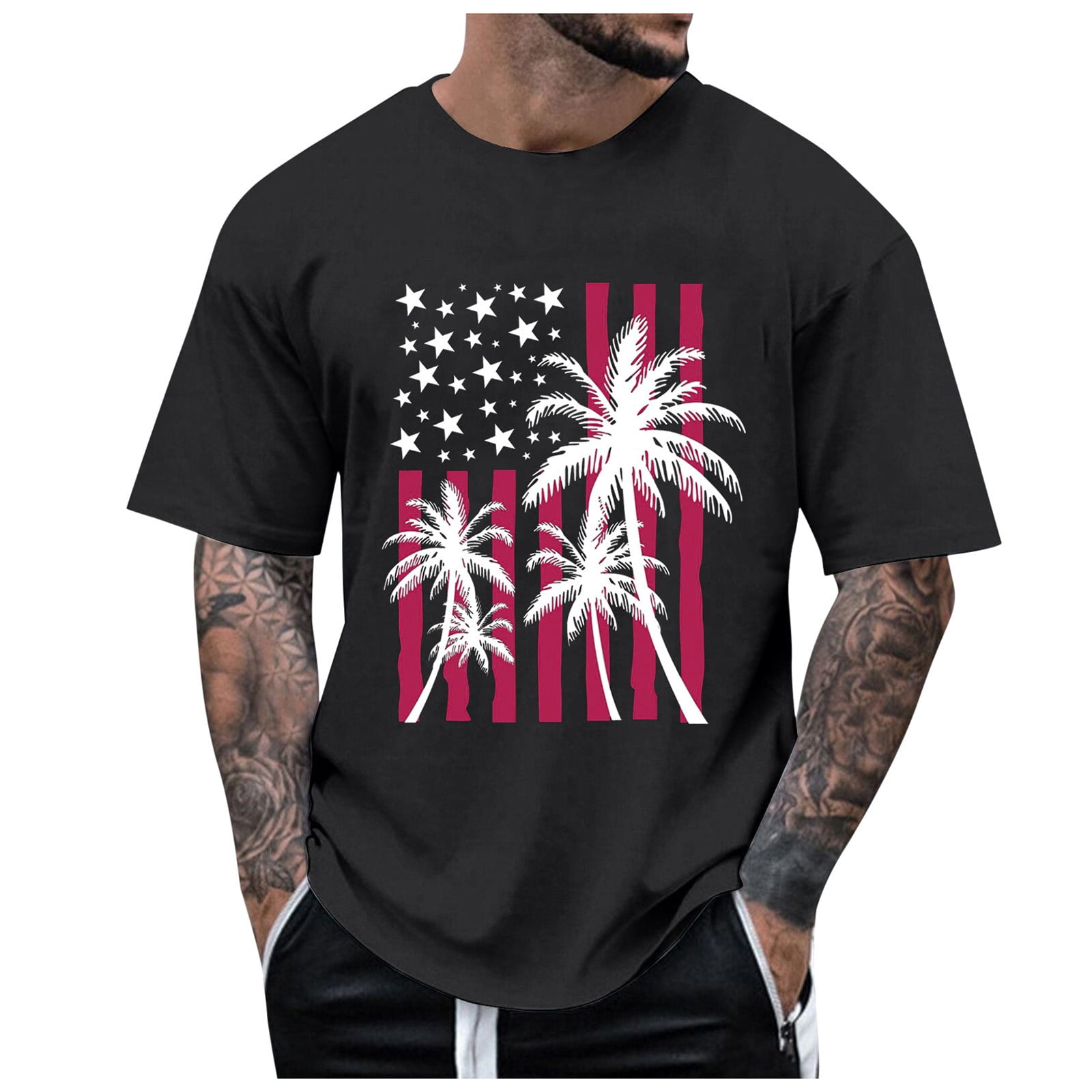 HCNTES Male Independence Day Embroidered Plus Size T-Shirt, Solid Color ...