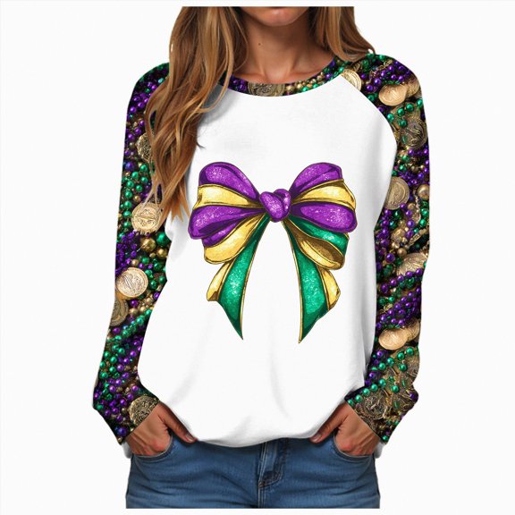 HCNTES Mardi Gras Outfit for Women: Mardi Gras Embroidery Sweatshirt New Orleans Party Carnival Long Sleeve Tees Tops(Size:XXXXL)