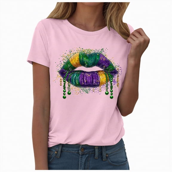 HCNTES Mardi Gras Shirt for Women It's Mardi Gras Yall Shirts Funny Carnival Outfit Tshirts New Orleans Party V Neck Tee Tops(Size:XL)