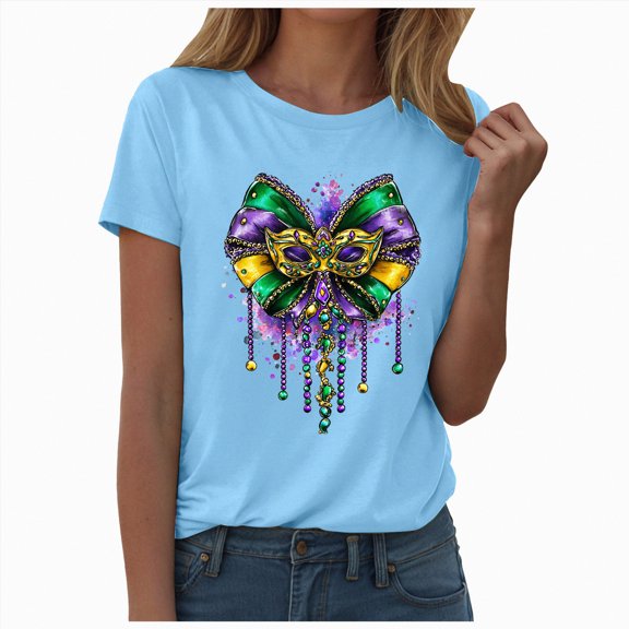 HCNTES Mardi Gras Shirts for Women Carnival Tshirts Fat Tuesday Shirt New Orleans Outfits Tuesday Party Short Sleeve(Size:XL)