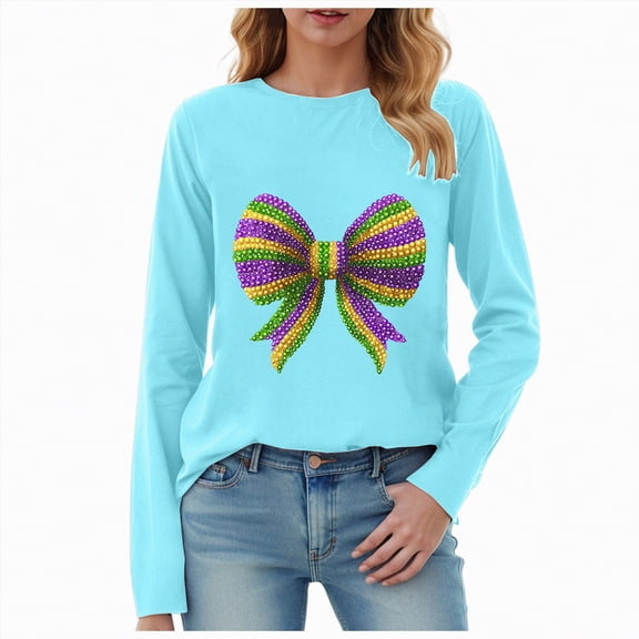 HCNTES Mardi Gras Shirts for Women：Fat Tuesday Carnival V Neck Long Sleeve Shirt Funny New Orleans Party Tee Tops(Size:S)