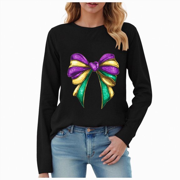 HCNTES Mardi Gras Shirts for Women Fat Tuesday Shirts Mardi Gras Long Sleeve Tops New Orleans Carnival Party Tees(Size:S)