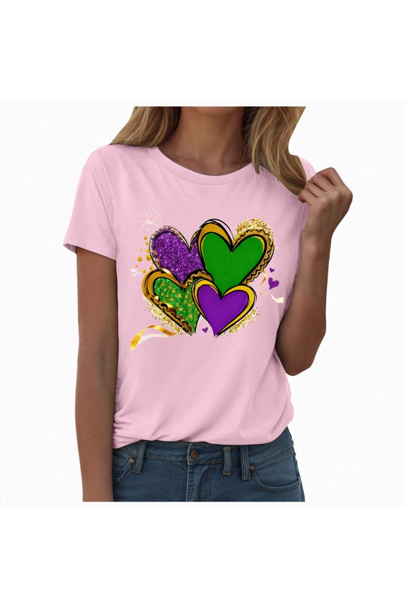 Mardi Gras Shirts for Women Fat Tuesday Tshirt Carnival Party New Orleans Parade Graphic Short Sleeve Outfit Tee Tops(Size:S)