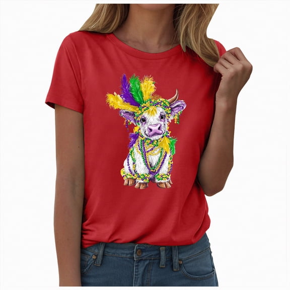 HCNTES Mardi Gras Shirts for Women New Orlean Carnival Graphic Tee Tops Holiday Bleached Short Sleeve Costumes(Size:XXL)
