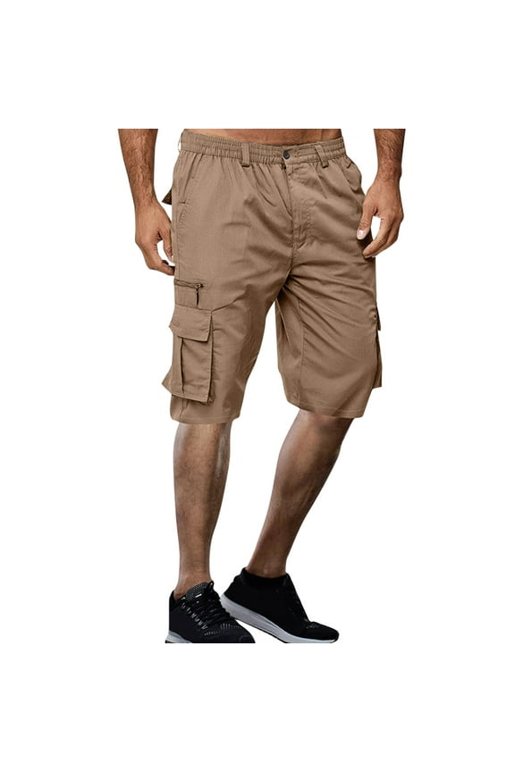 HCNTES Men Cargo Summer Beach Shorts Elastic Waist Drawstring Flat Front Short(Khaki,L)